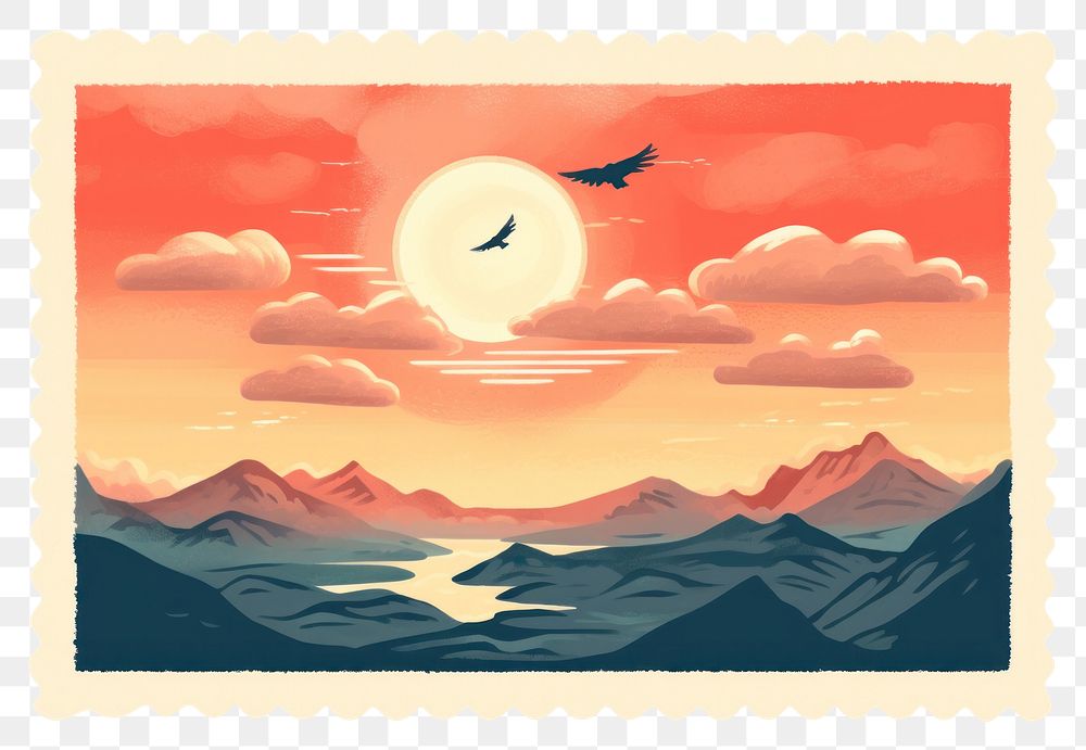 PNG Sunset sky vintage illustration outdoors nature postage stamp. AI generated Image by rawpixel.
