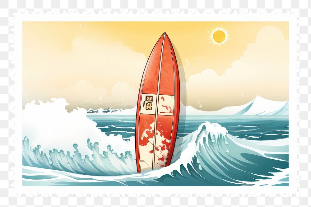 PNG Surf board surfing sea postage stamp. AI generated Image by rawpixel.
