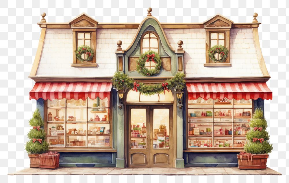 PNG  Shop displaying christmas ornament architecture dollhouse building. AI generated Image by rawpixel.