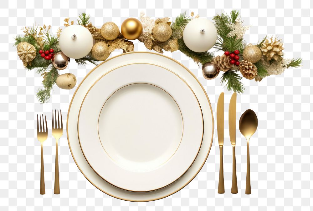 PNG  Christmas dinner flat lay plate spoon fork. AI generated Image by rawpixel.