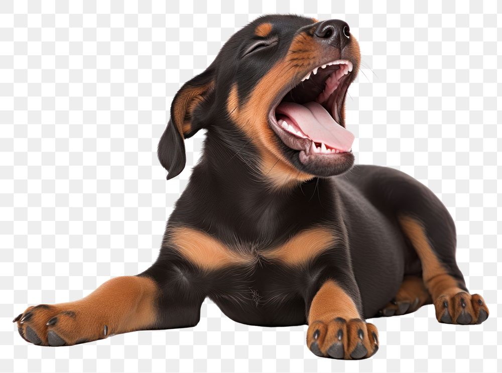PNG  Happy yawning Dobermann puppy mammal animal dog. AI generated Image by rawpixel.