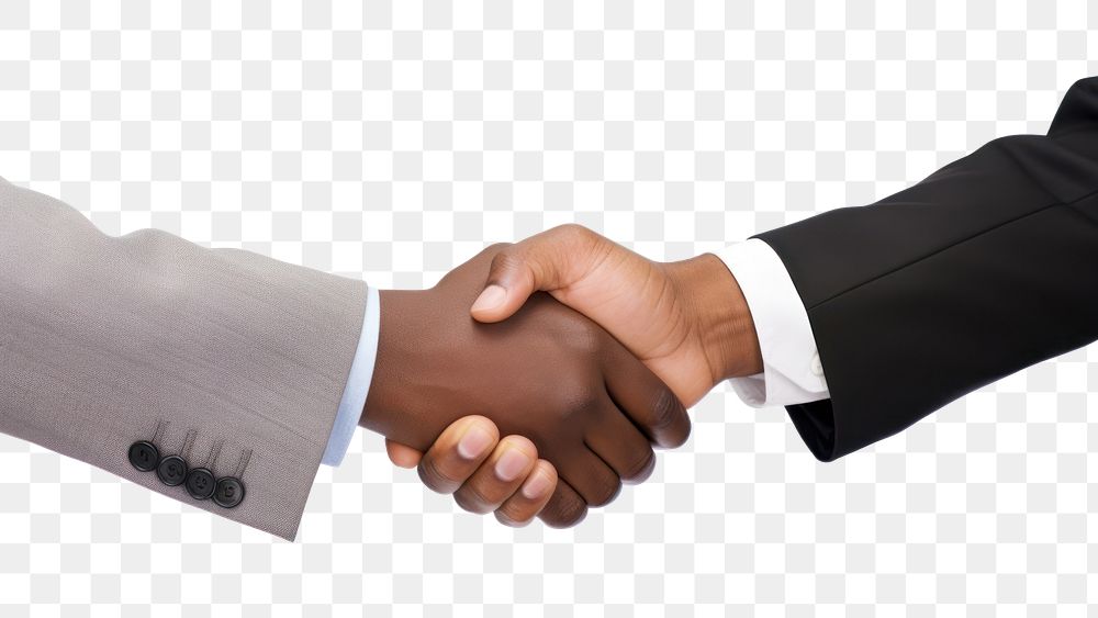 PNG  2 businessmen wearing suit shaking hand handshake white background agreement. AI generated Image by rawpixel.