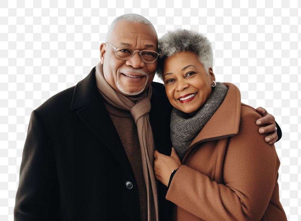 PNG  Happy black senior couple wearing a winter jacket laughing portrait scarf