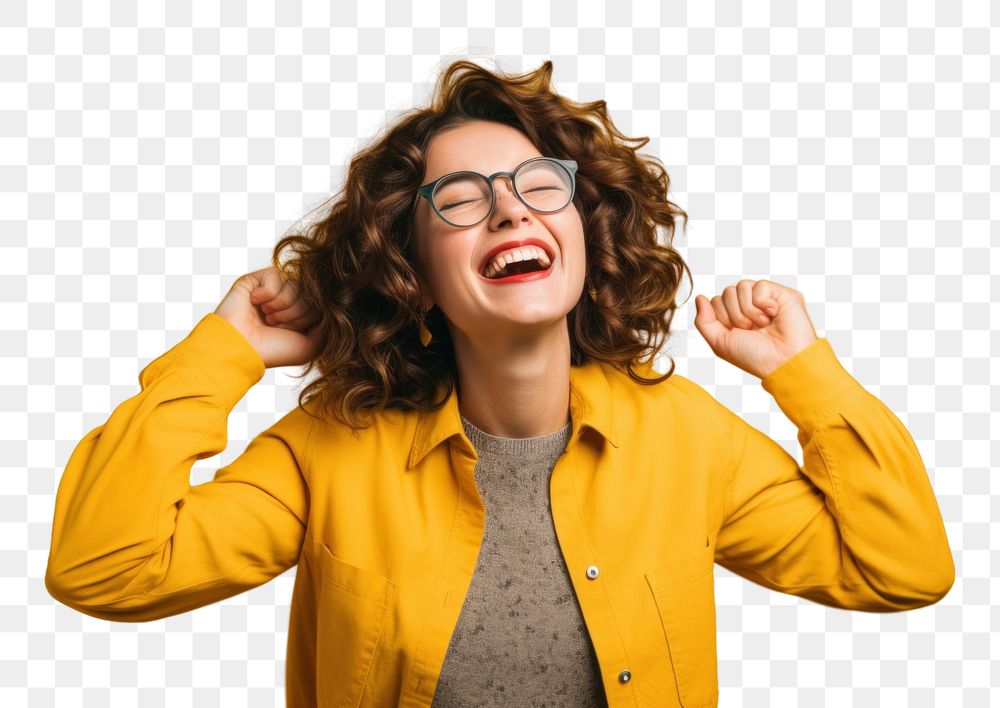 PNG  Joyful woman laughing glasses yellow. AI generated Image by rawpixel.