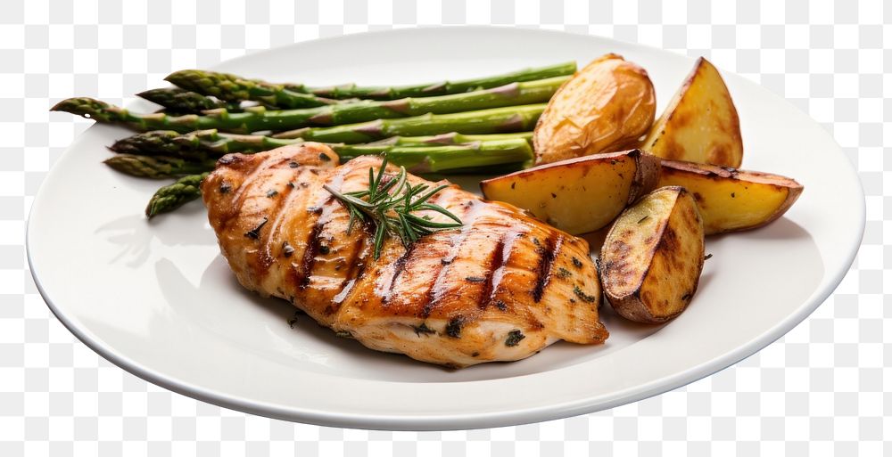 PNG  Grilled chicken asparagus plate vegetable. AI generated Image by rawpixel.