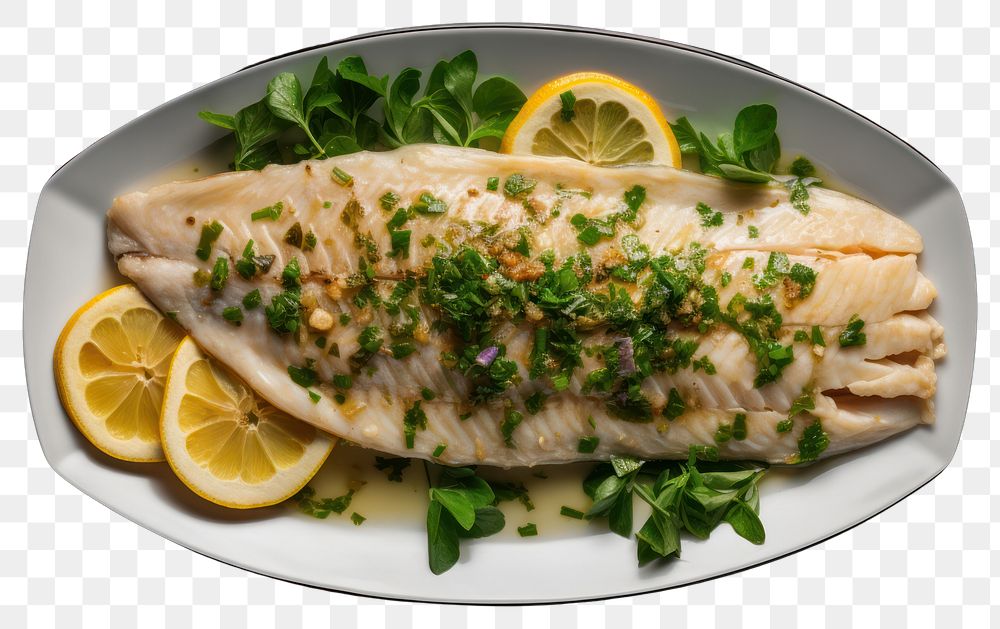 PNG  A yummy steamed fish dish seafood plate vegetable. AI generated Image by rawpixel.