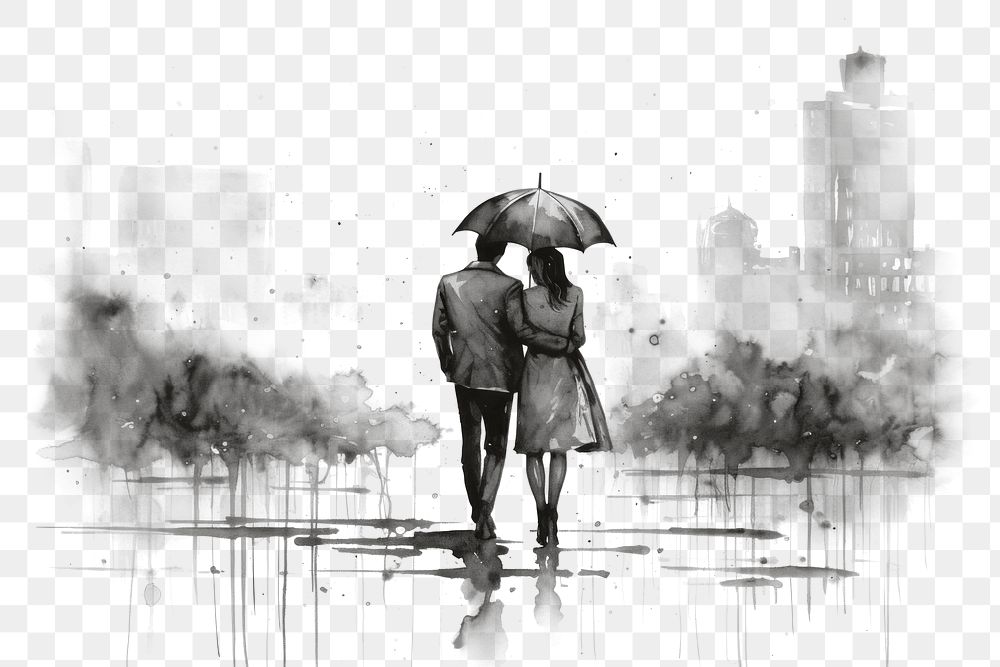PNG Raining city sketch adult togetherness. AI generated Image by rawpixel.