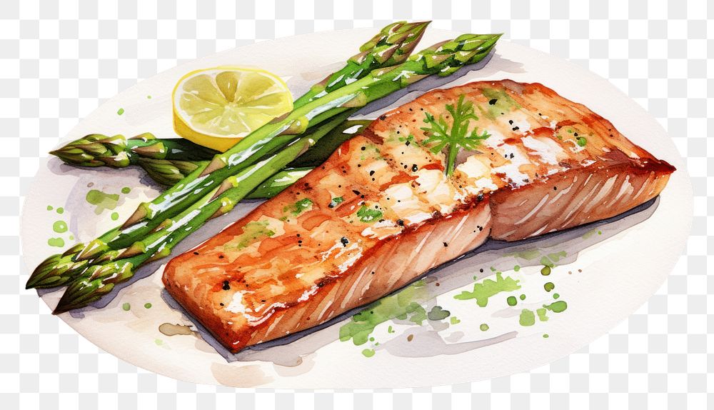 PNG Salmon asparagus seafood grilled. AI generated Image by rawpixel.