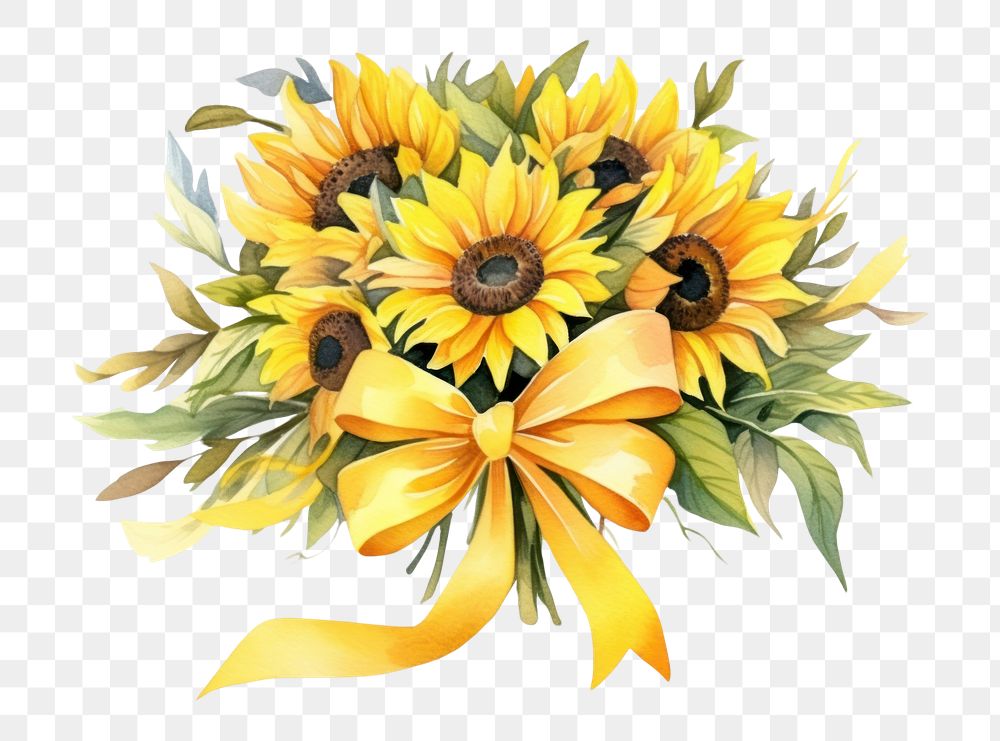 PNG Sunflowers bouquet ribbon plant white background. AI generated Image by rawpixel.