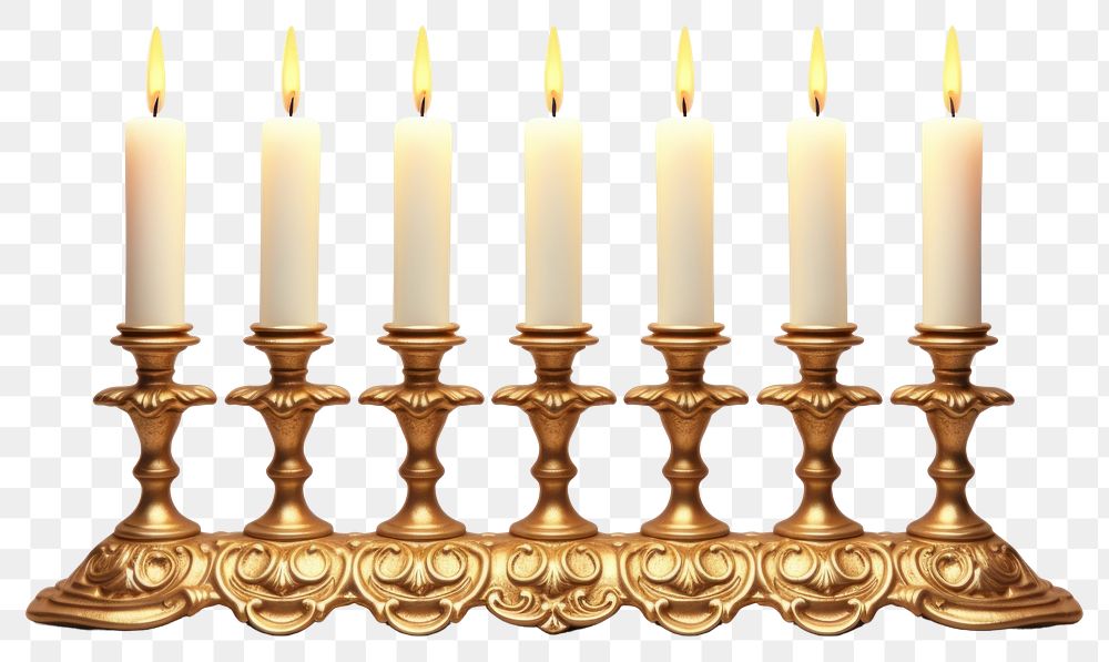 PNG  Hanukkah menorah candle hanukkah gold white background. AI generated Image by rawpixel.