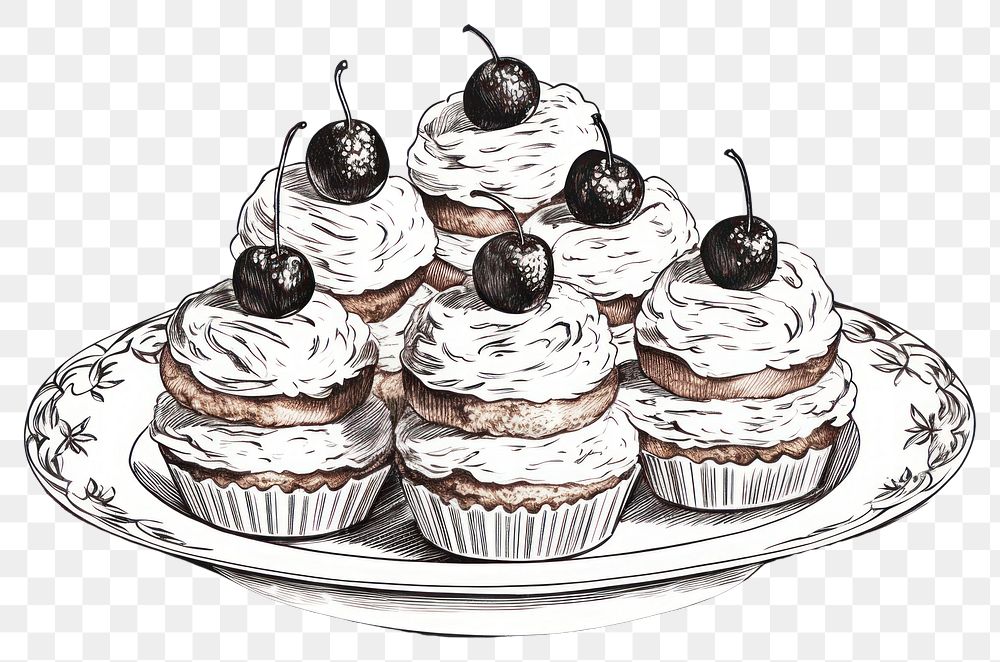 PNG  Sufganiyot plate drawing dessert cupcake. AI generated Image by rawpixel.