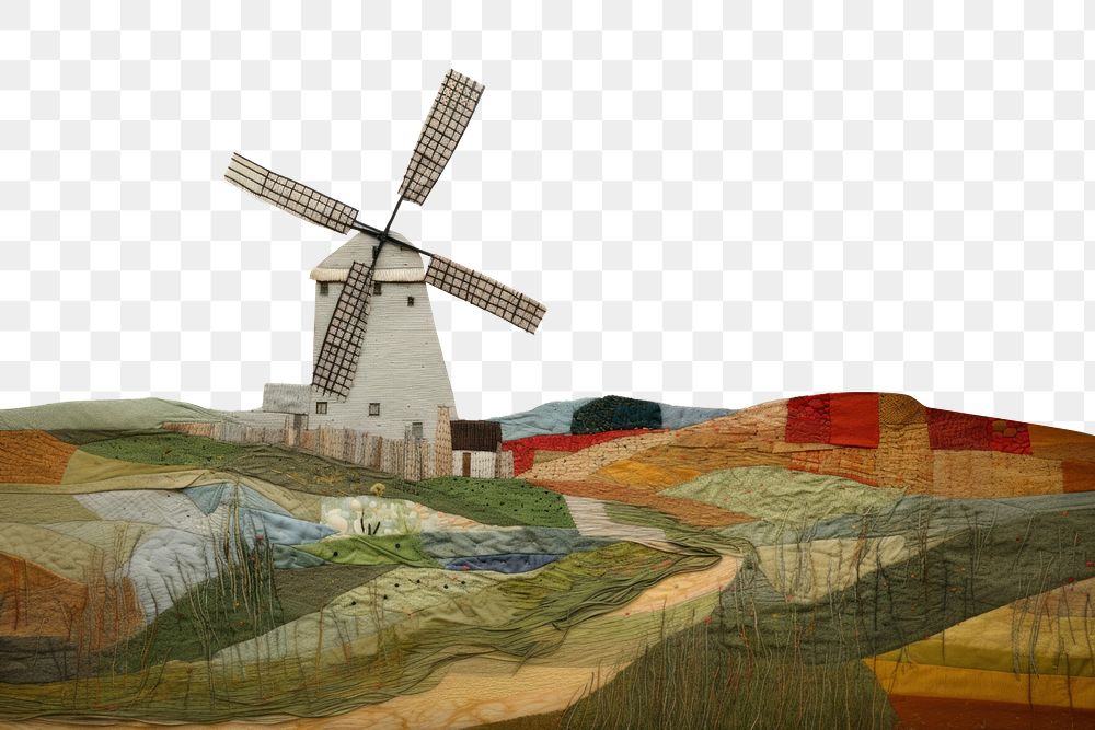 PNG Windmill landscape painting outdoors. AI generated Image by rawpixel.