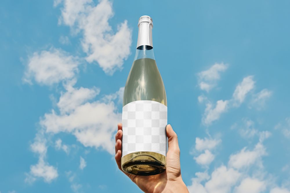 Wine bottle label mockup png, alcoholic drink packaging, transparent design