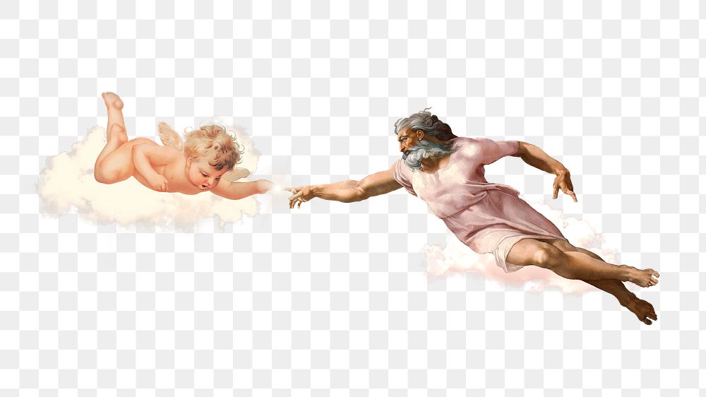 PNG Creation of Adam & cherub, illustration by Michelangelo Buonarroti, transparent background. Remixed by rawpixel.