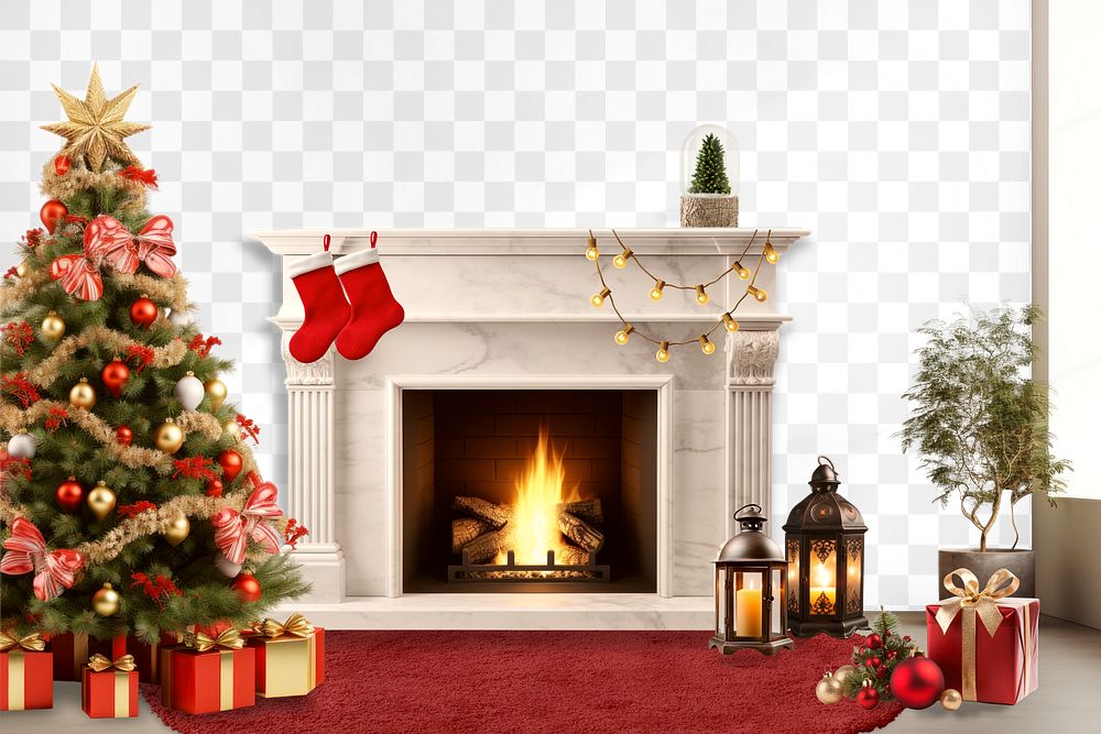 Fireplace wall png, seasonal transparent mockup