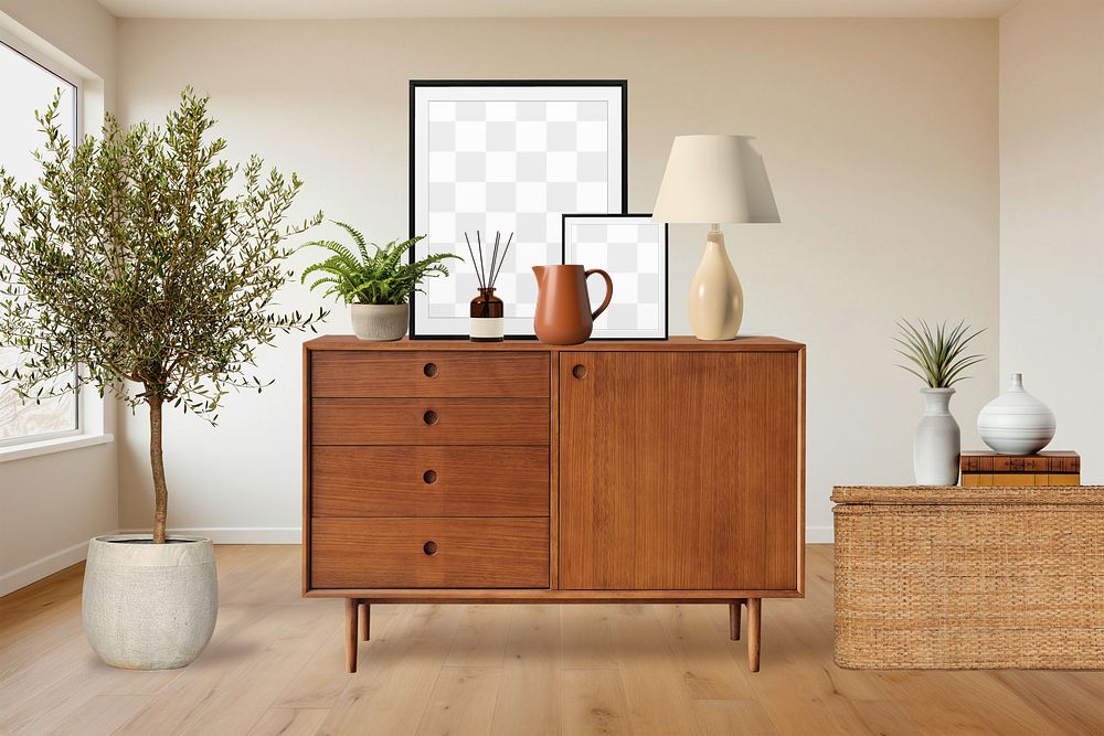 Wooden cabinet png, picture frame, transparent mockup