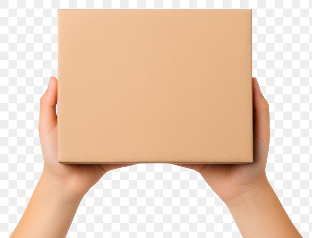 PNG Cardboard box hand white background. AI generated Image by rawpixel.