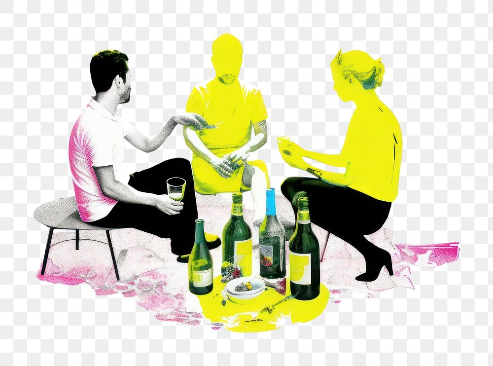 PNG 3 friends picnic bottle adult wine. AI generated Image by rawpixel.