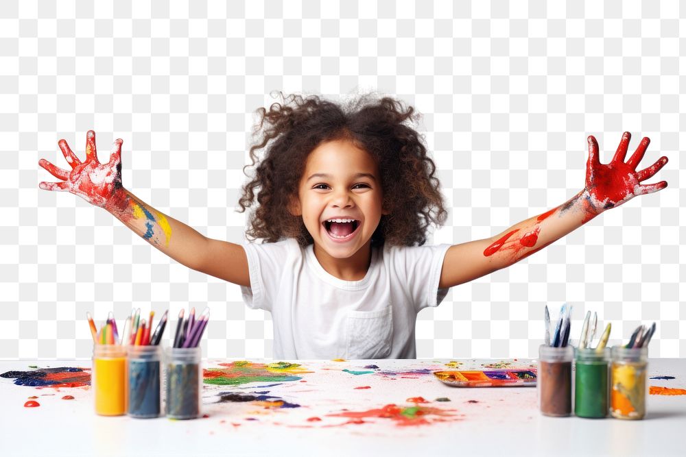 PNG Little girl sitting at a table with stationery and paint child joy celebration. AI generated Image by rawpixel.