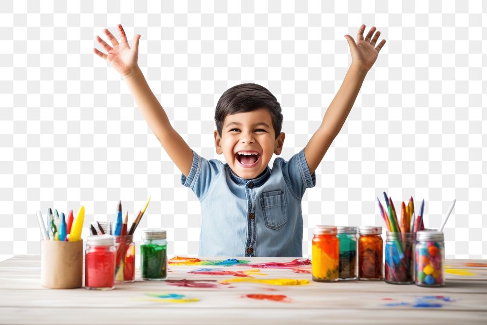 PNG Little girl sitting at a table with stationery and paint child joy creativity. AI generated Image by rawpixel.