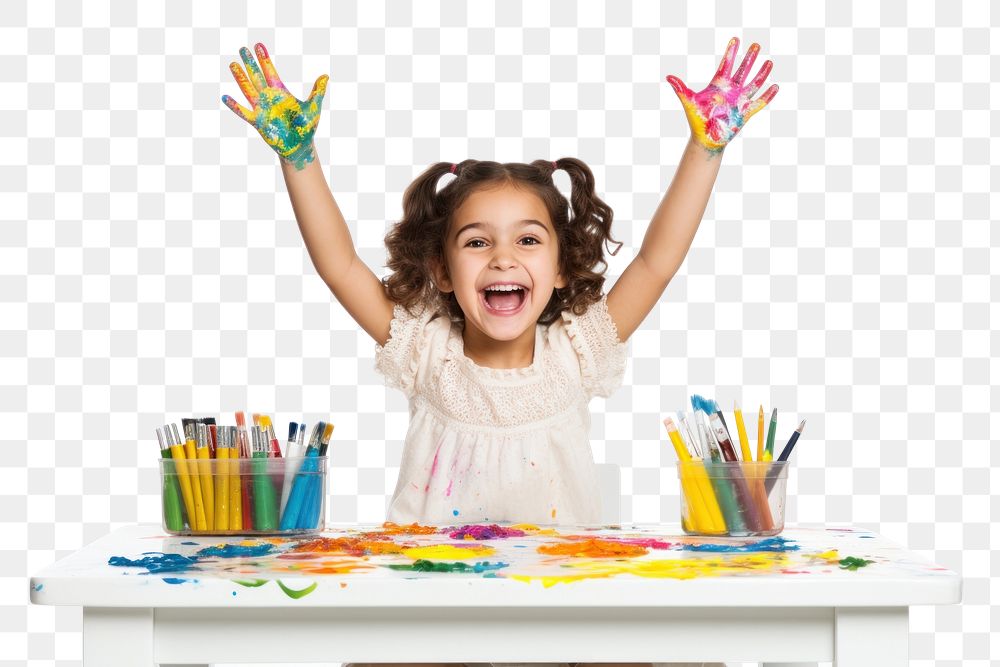 PNG Little girl sitting at a table with stationery and paint portrait child hand. AI generated Image by rawpixel.