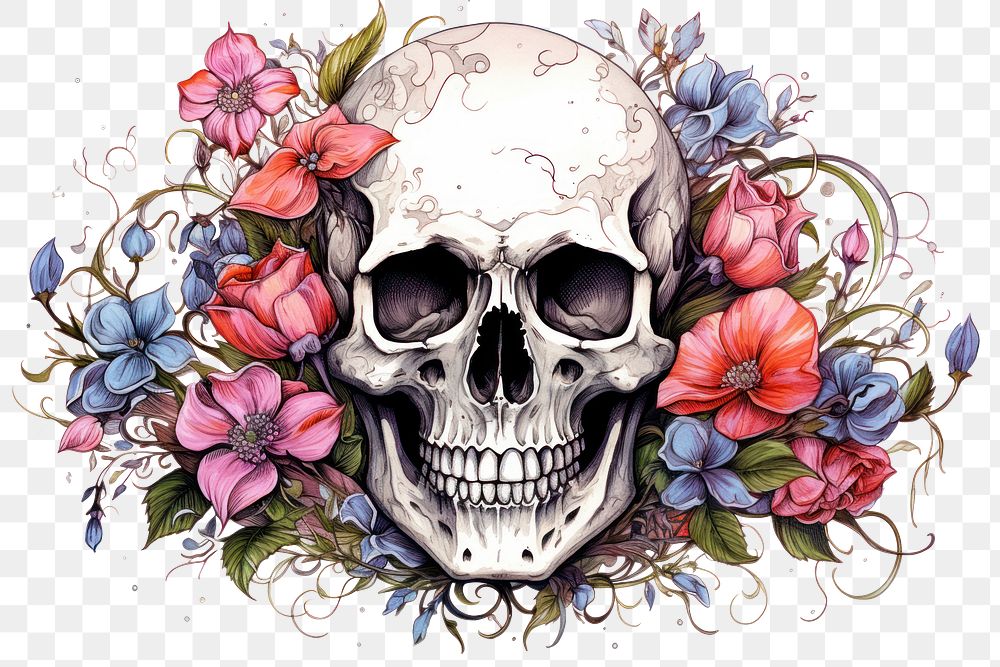 PNG Skull bone flower pattern drawing. AI generated Image by rawpixel.