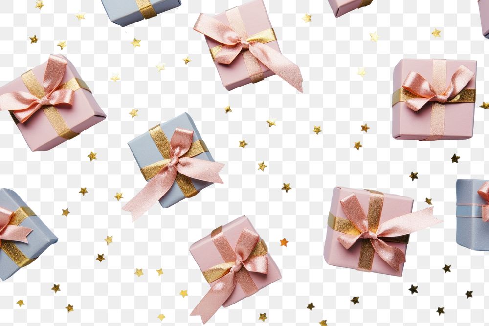 PNG  Pastel pink gifts with golden bows and ribbons placed on blue background near stars backgrounds celebration…