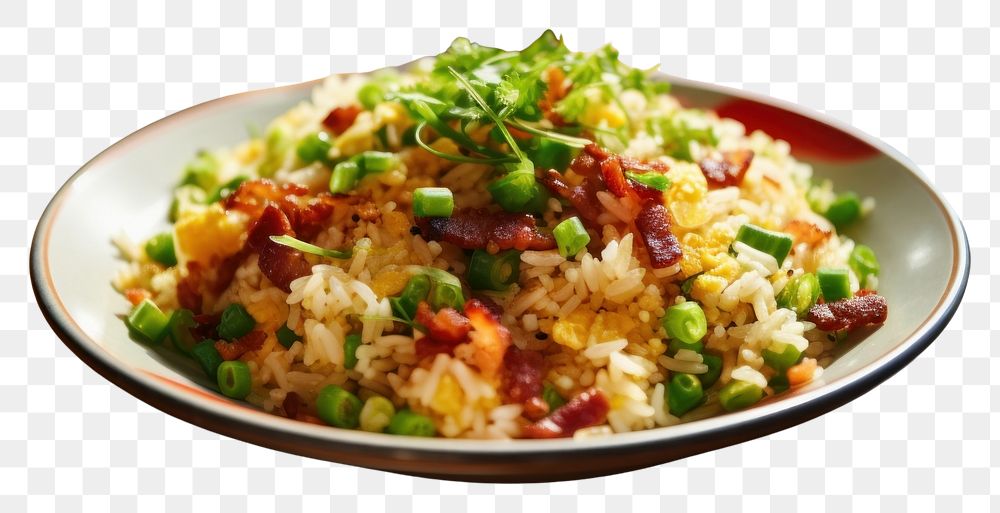 PNG  Bacon fried rice plate food vegetable. AI generated Image by rawpixel.