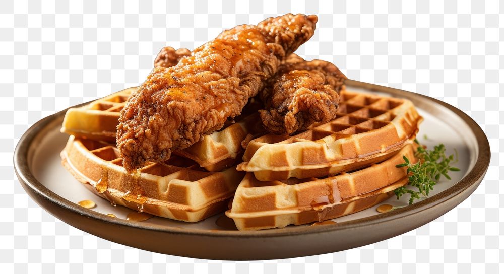 PNG  Chicken and waffles plate food meat. AI generated Image by rawpixel.