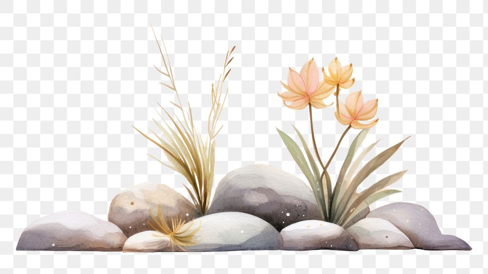 PNG Two rocks and plants jutting into water flower white background tranquility. AI generated Image by rawpixel.