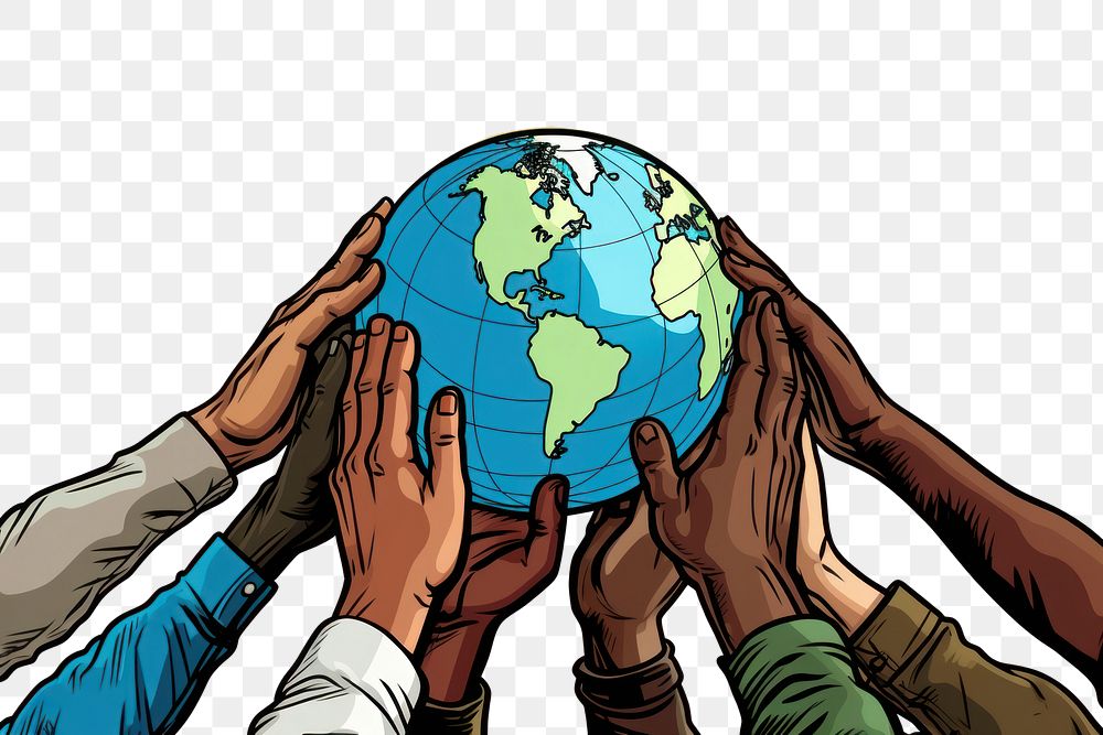 PNG  Raised five diverse hands with a globe behind them planet space togetherness. AI generated Image by rawpixel.
