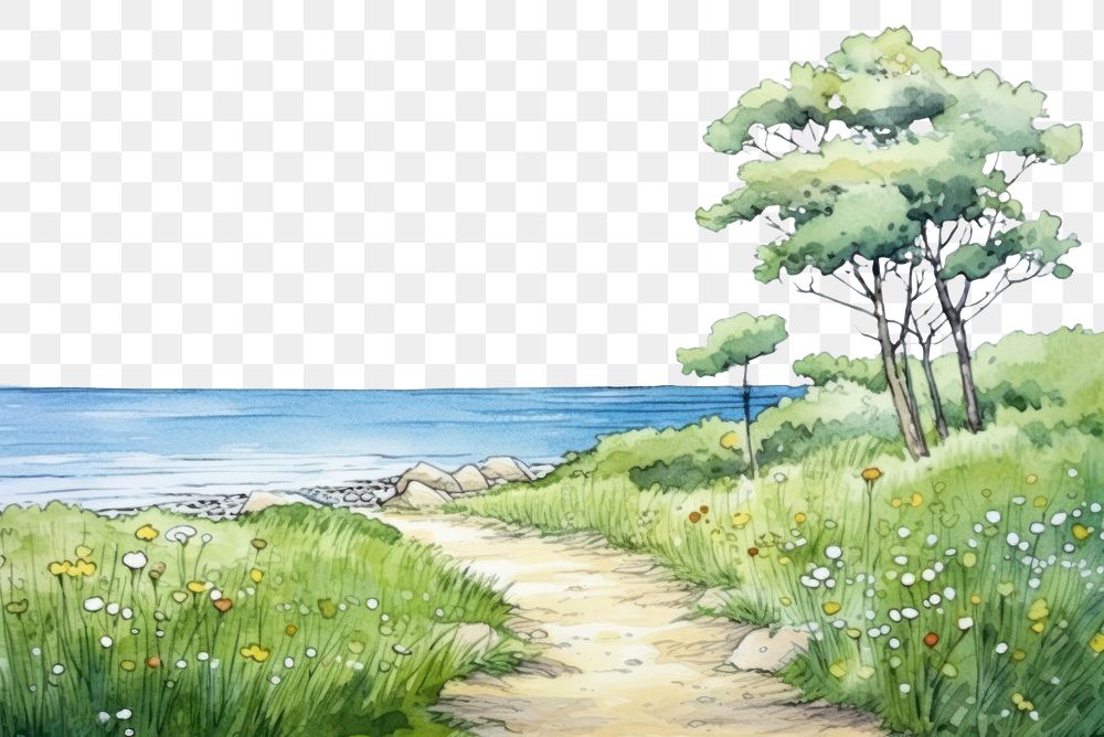 PNG Meadow and ocean landscape outdoors painting. AI generated Image by rawpixel.