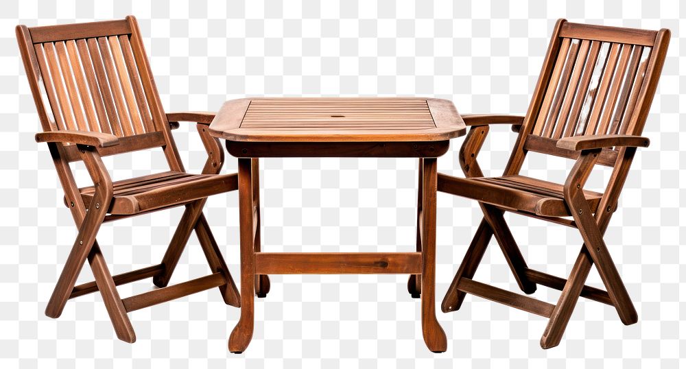 PNG  Outdoor Wooden Table with Two Chairs chair table wood. AI generated Image by rawpixel.