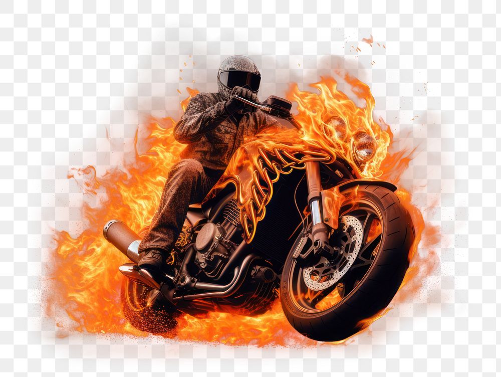PNG photo of *Motorcycle sport* on Fire flame realistic, isolated on black background --ar 3:2