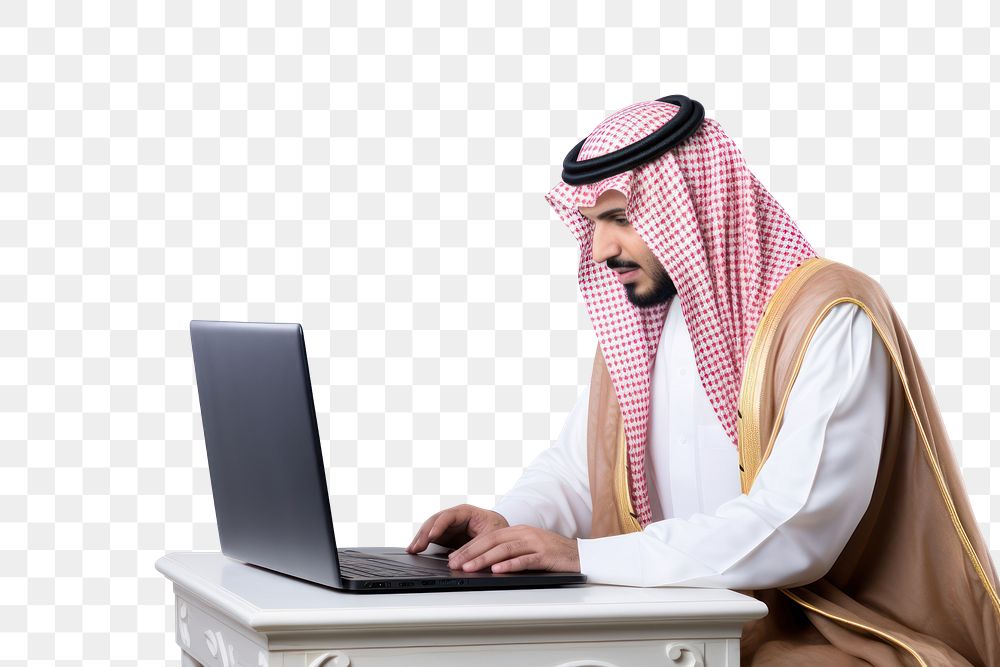 PNG  Saudi laptop computer adult. AI generated Image by rawpixel.