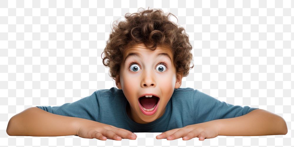 PNG  Surprised kid sitting at table face white background frustration. AI generated Image by rawpixel.