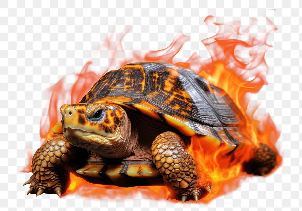 PNG photo of *Turtle* on Fire flame realistic, isolated on black background --ar 3:2