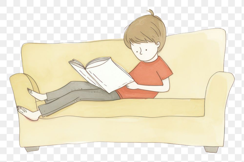 PNG Boy character reading book publication furniture couch. AI generated Image by rawpixel.