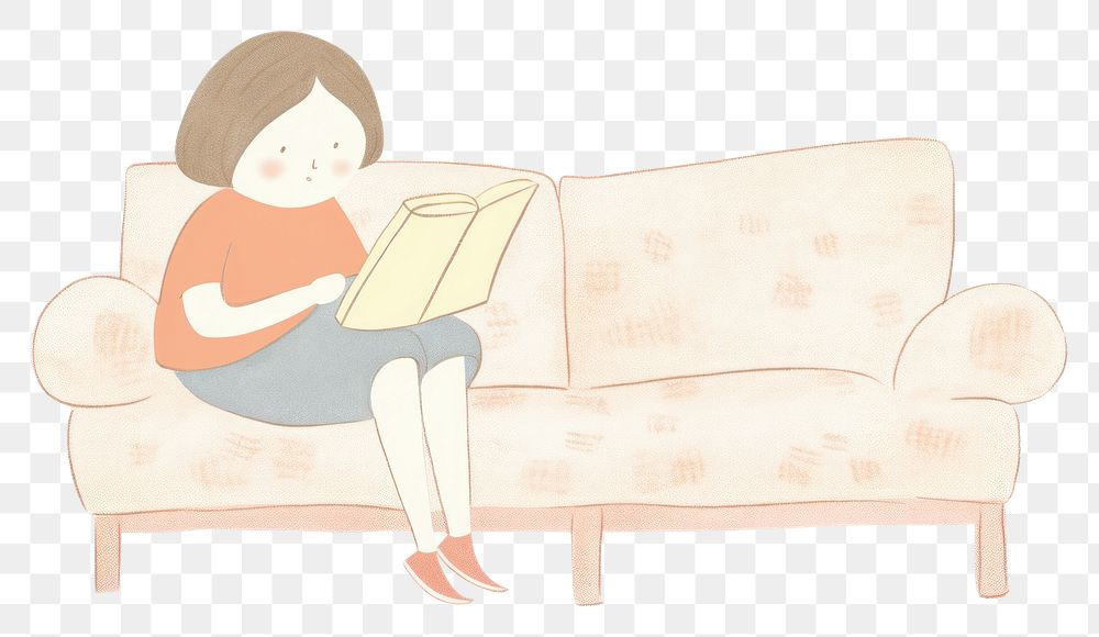 PNG Girl character reading book furniture couch publication. AI generated Image by rawpixel.