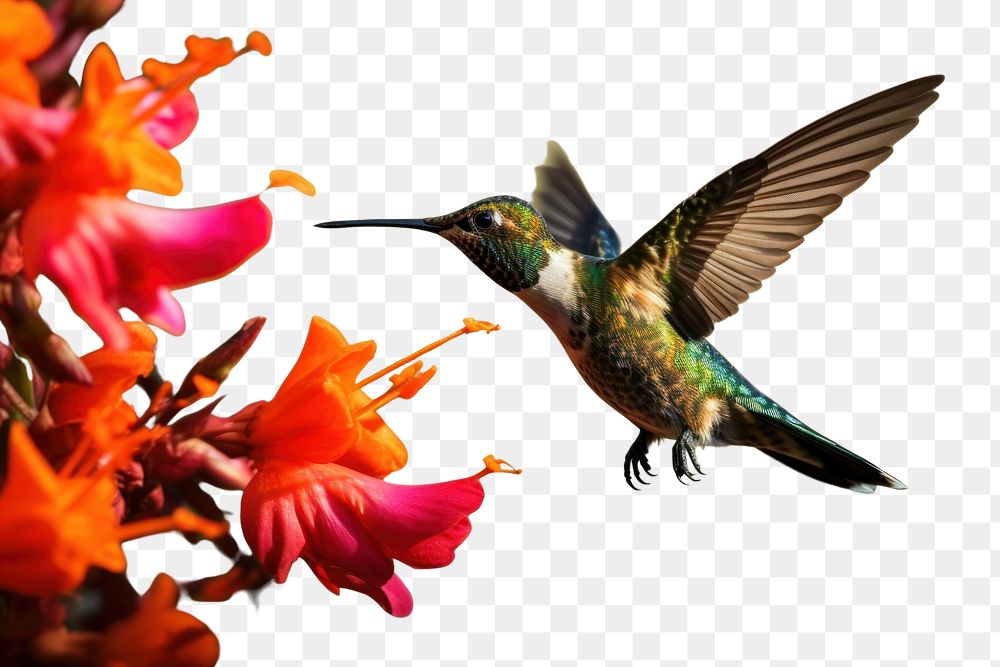 PNG  Hummingbird flying with colorful flower animal petal plant. AI generated Image by rawpixel.