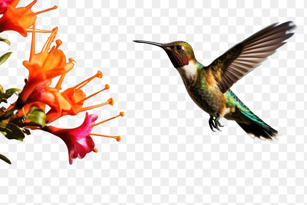 PNG  Hummingbird flying with colorful flower animal plant beak. AI generated Image by rawpixel.