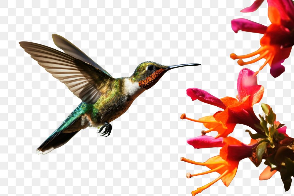 PNG  Hummingbird flying with colorful flower animal beak freshness. AI generated Image by rawpixel.