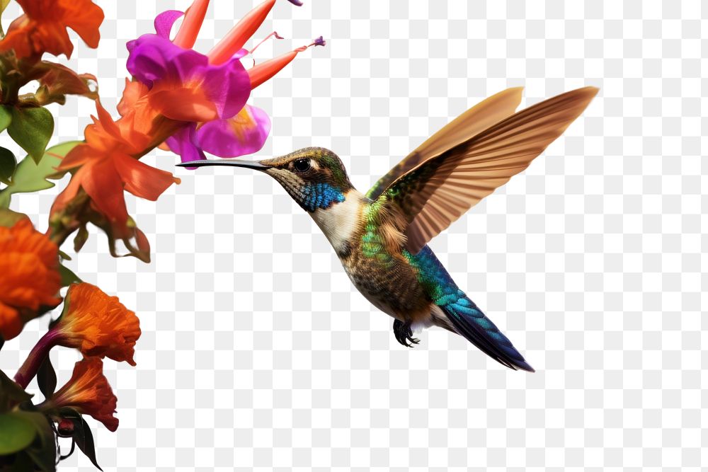 PNG  Hummingbird flying with colorful flower animal plant petal. AI generated Image by rawpixel.