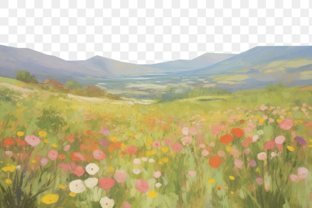 PNG Flower fields on a hills painting landscape grassland. 
