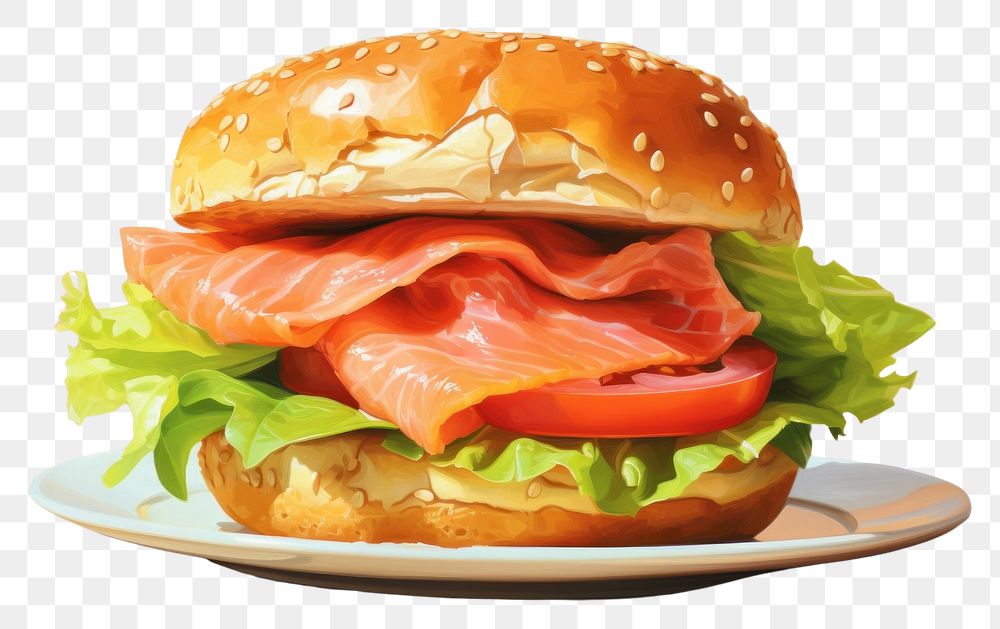 PNG Plate of smoked salmon bagel food hamburger vegetable. AI generated Image by rawpixel.