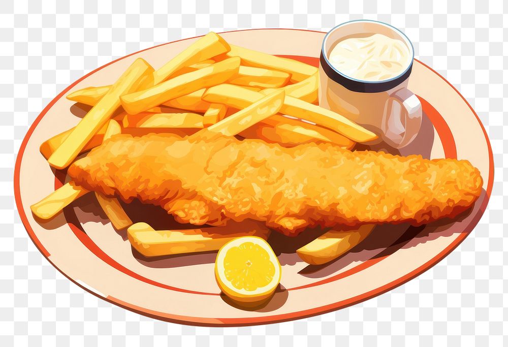 PNG Plate of fish and chips with lemon food meal condiment. AI generated Image by rawpixel.