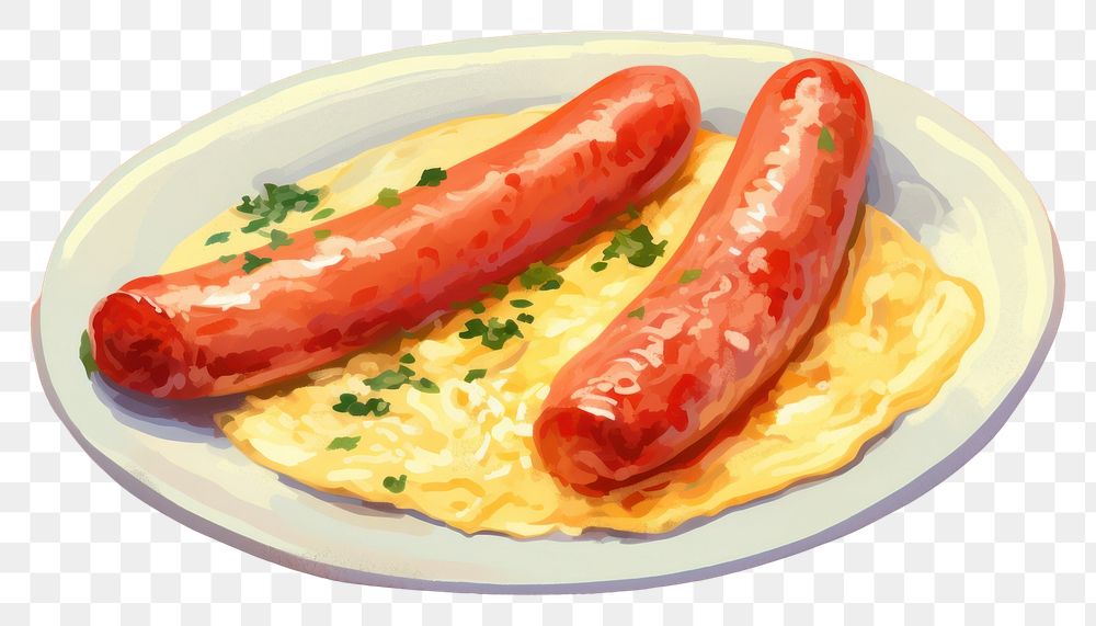 PNG Plate of sausage and omelette food bratwurst mettwurst. AI generated Image by rawpixel.