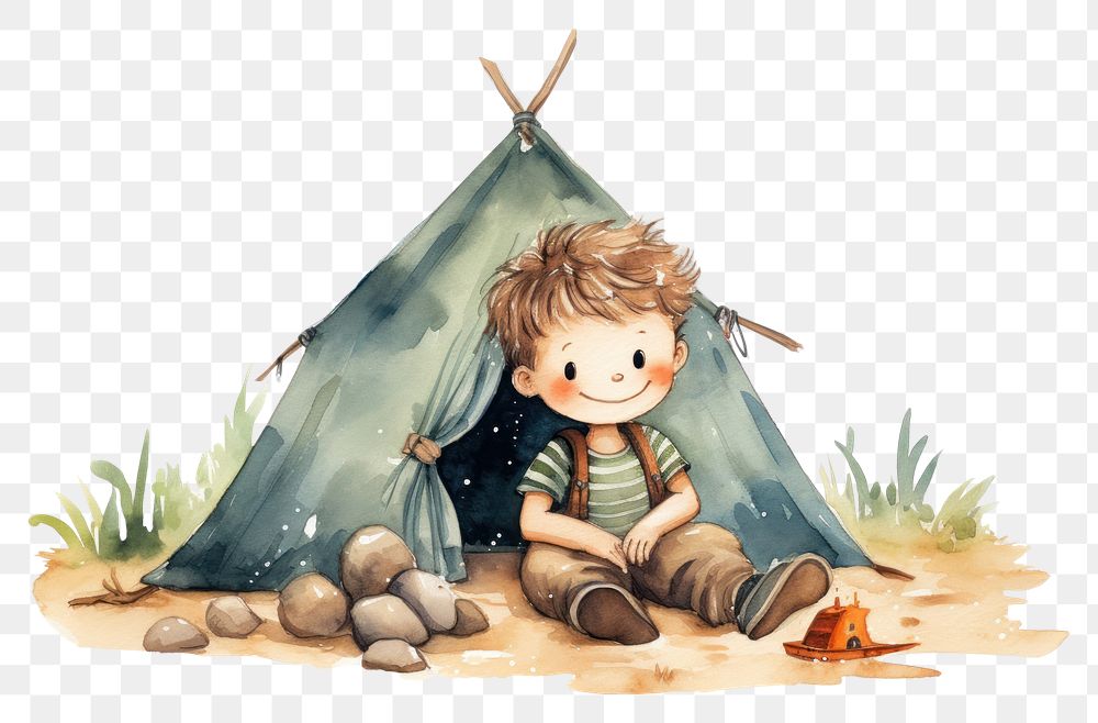 PNG  Boy camping representation outdoors tent. AI generated Image by rawpixel.