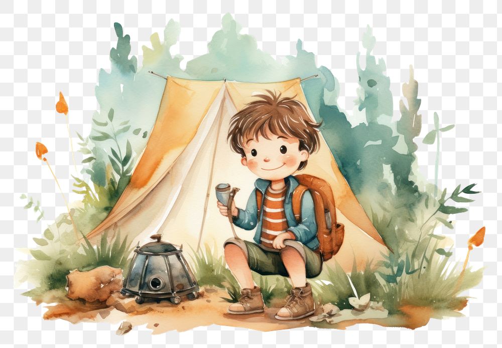 PNG  Boy camping outdoors tent cute. AI generated Image by rawpixel.