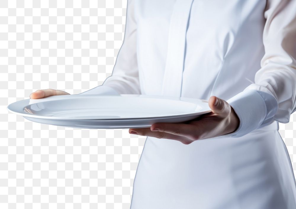 PNG  A man waitress hand is holding up a platter adult plate white. AI generated Image by rawpixel.
